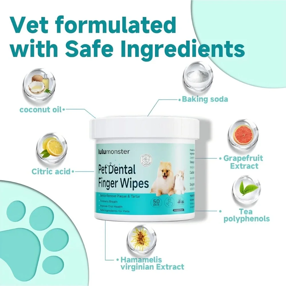 Pet Dental Finger Wipes for Dogs & Cats 50ct Plaque Tartar Breath Care